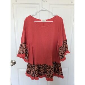 Umgee Linen Blend Top XL Rust Orange Leopard Ruffle Tassel Hem 3/4 Sleeve
